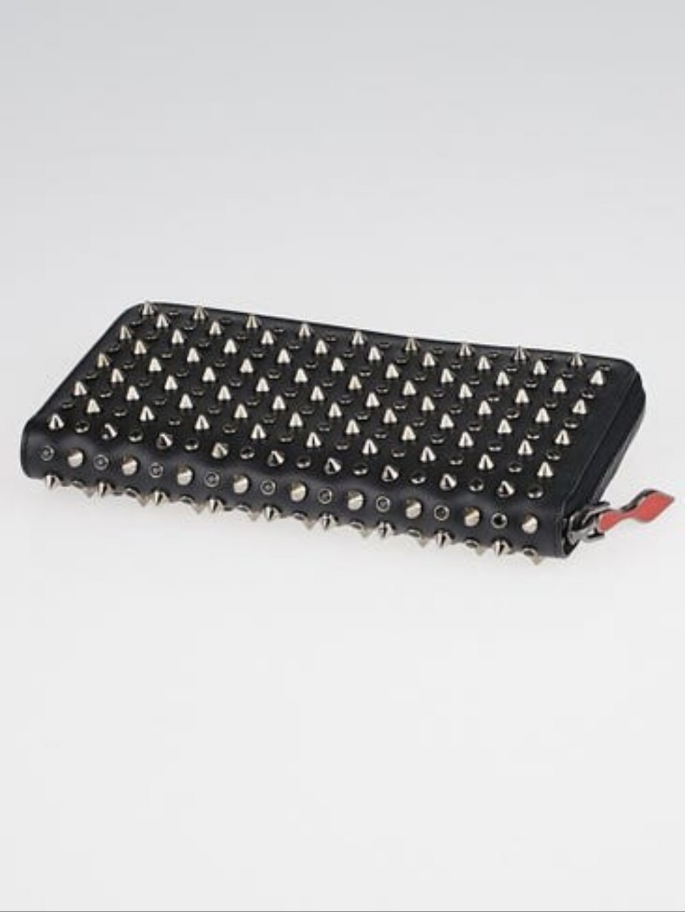 Christian Louboutin Black Studded Zip Wallet w/ Red Pull EUC